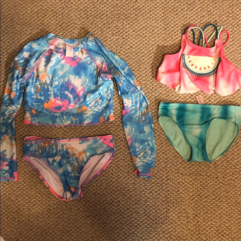 2 pair Justice and other Kids Swim Bikinis - Blue, Pink, and Green